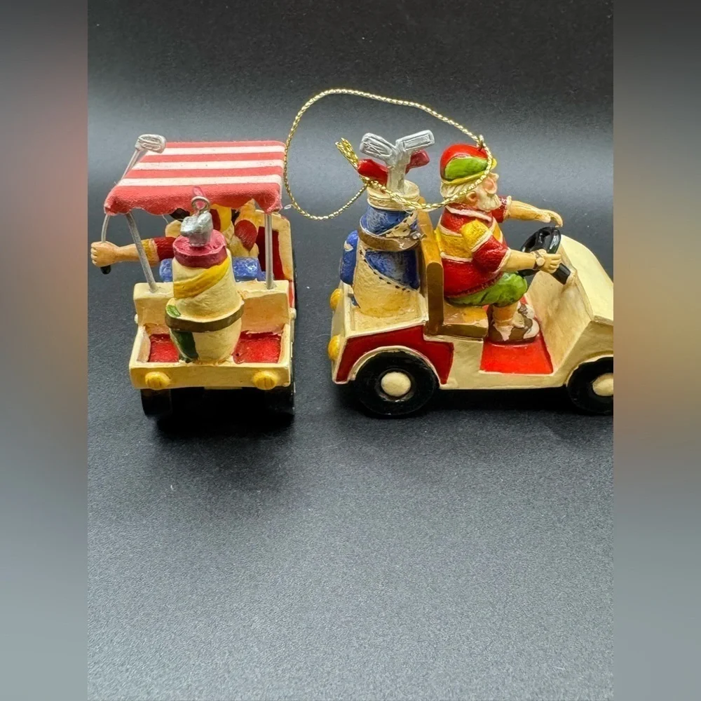 Set of 2 Vintage Santas Driving A Golf Cart Bag and Clubs Christmas Ornaments